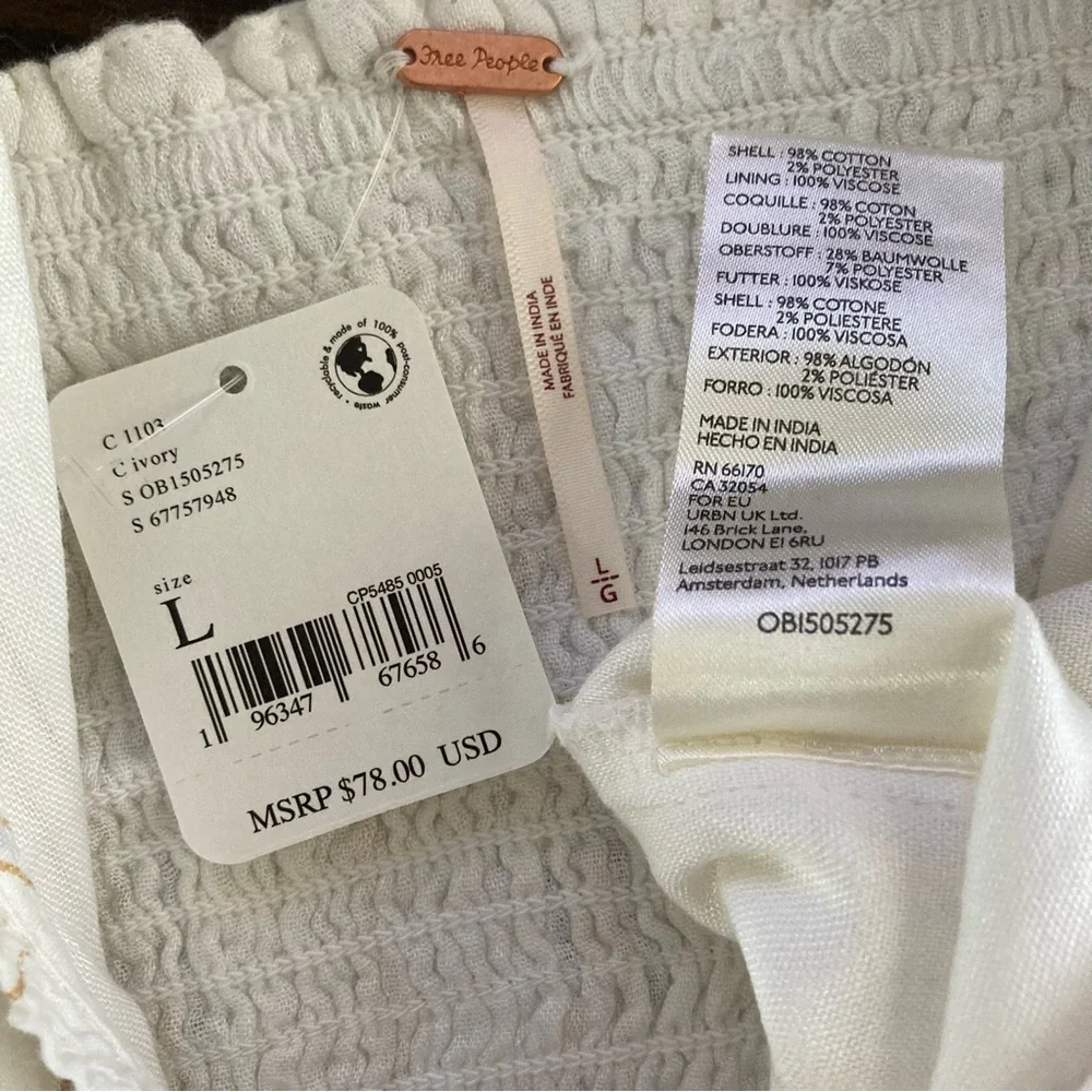 Free People Serotonin Corset Top White Puff Sleeve Top Colorful Rainbow Stitches